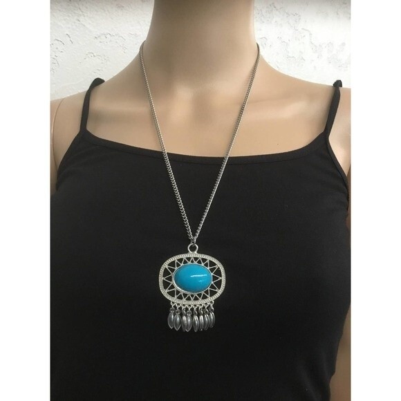 Silver Necklace With Turquoise  Colored Pendant - Picture 1 of 3